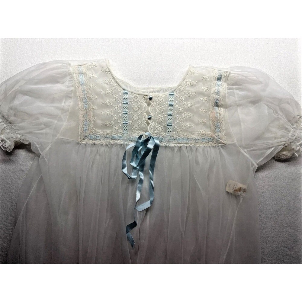 Miss Elaine Sheer Peignoir Robe White Blue Ribbon Style 289B Small Vintage - Picture 3 of 13